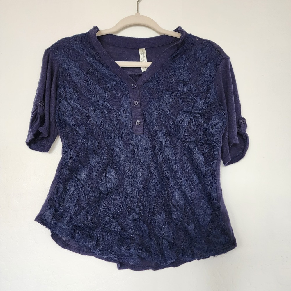 Per Seption Concept Purple Lace Blouse Women's Size Small Sheer Floral 3/4...